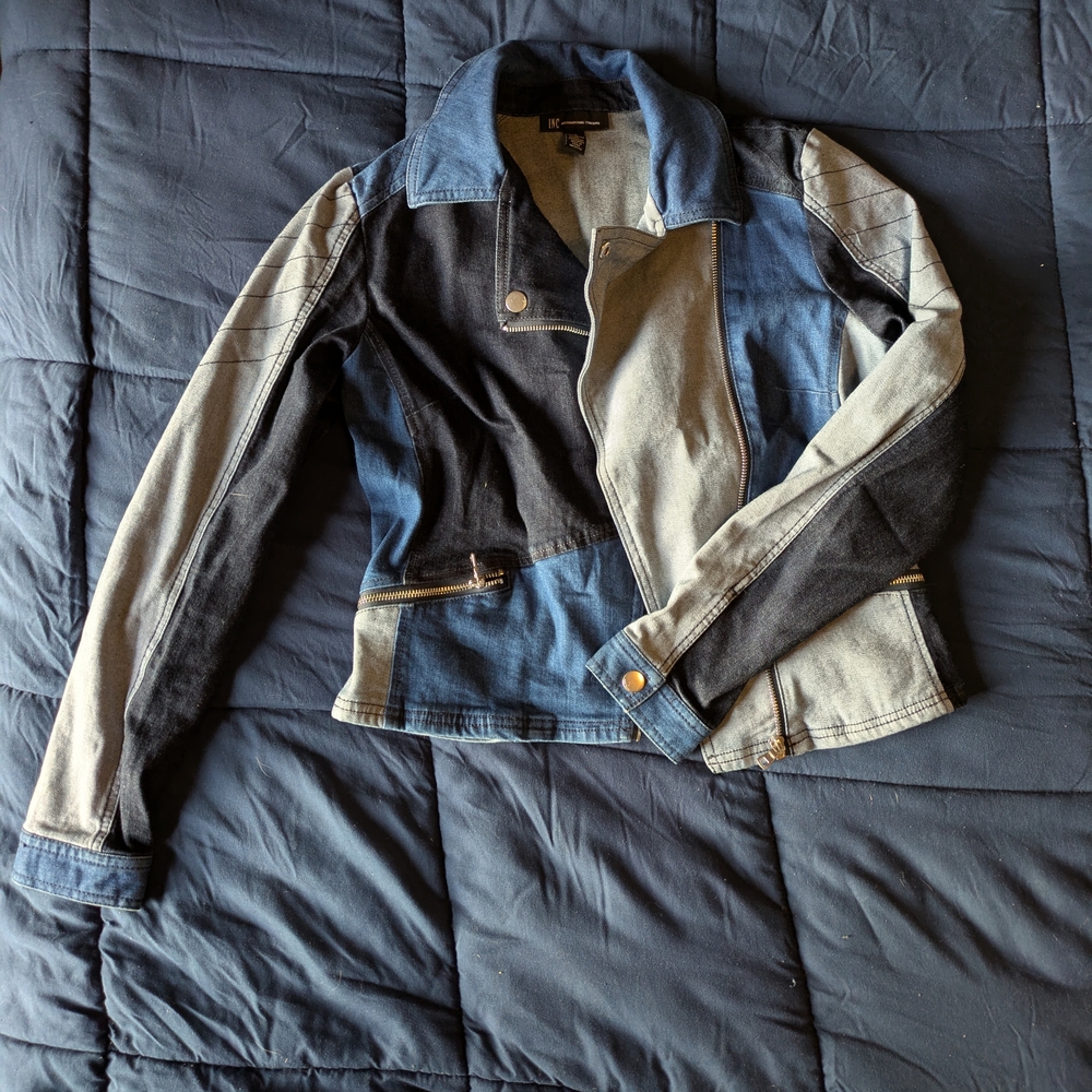 INC International Concepts Patchwork Denim Jacket in Blue & Black